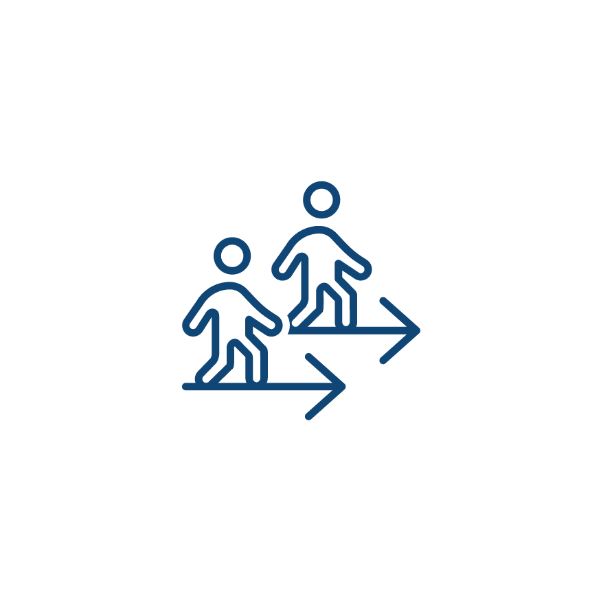 simple icon with two people moving forward indicated by arrows