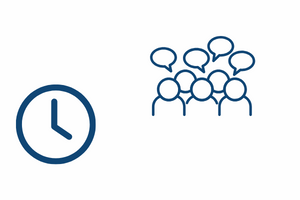 basic icons of a clock; group of people talking; hands raised; group of people with polls