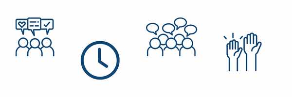 basic icons of a clock; group of people talking; hands raised; group of people with polls